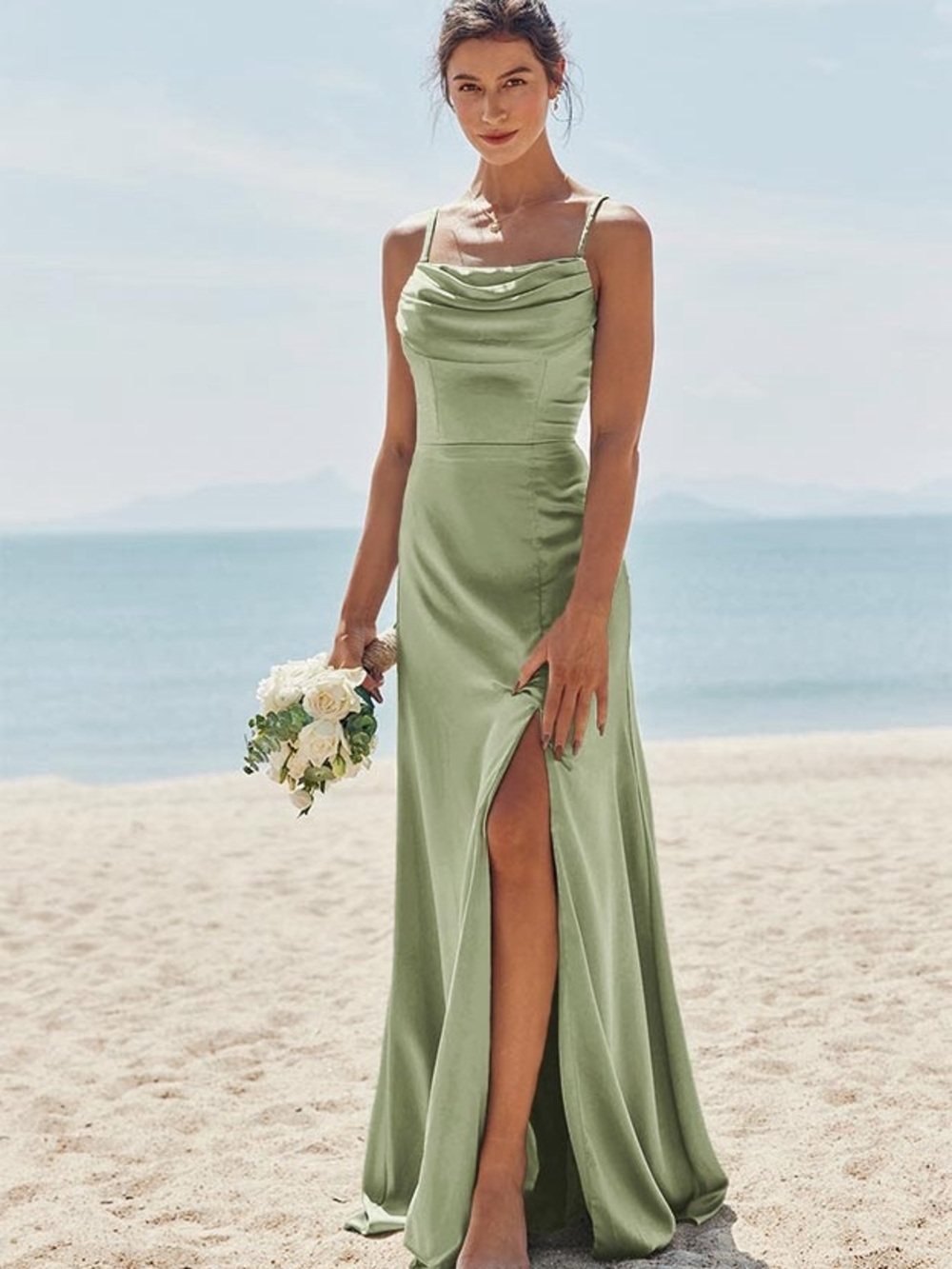 Satin Cowl Neck Maxi Dress in Sage Green